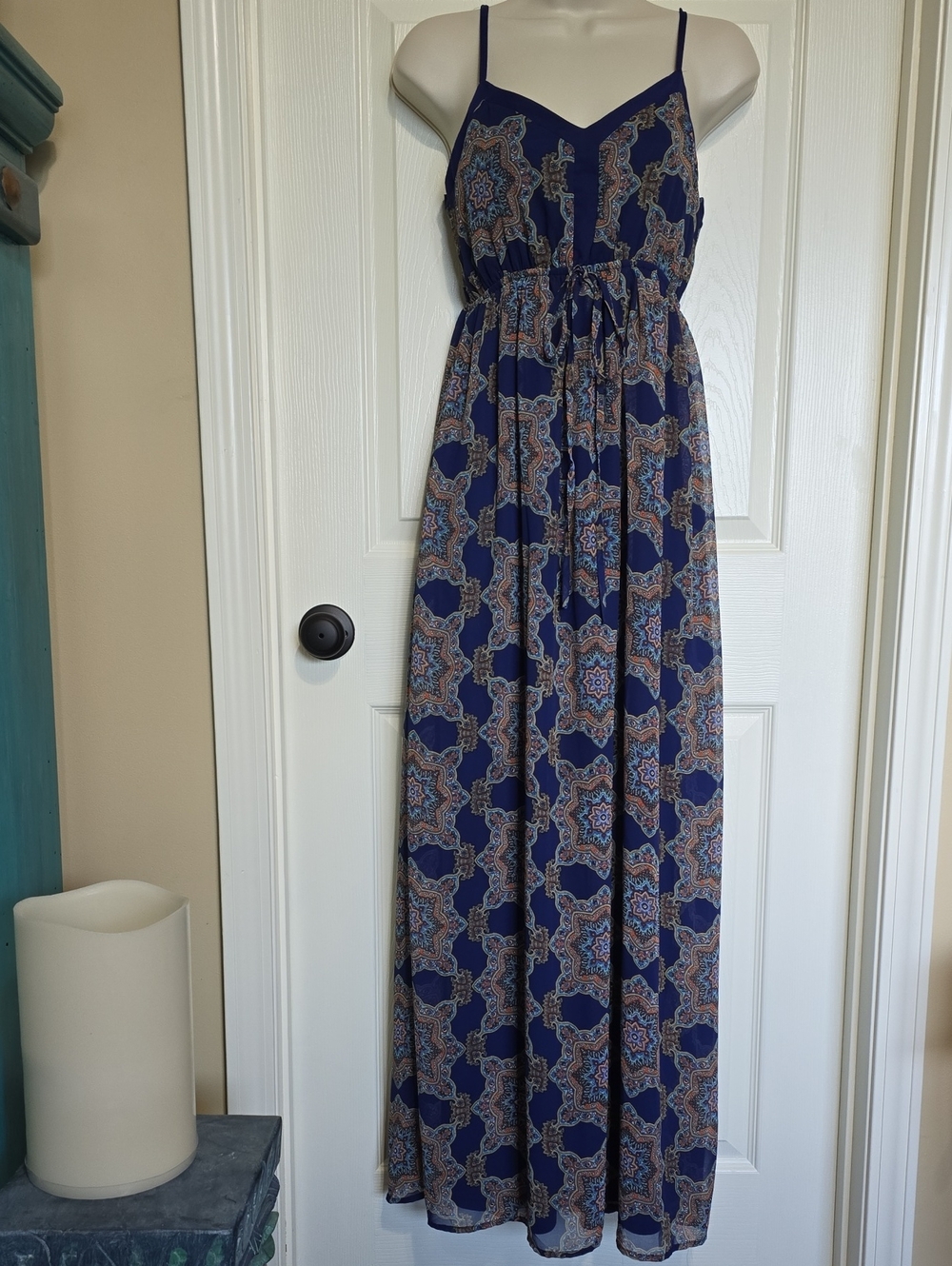 Doe & Rae  Blue Printed Maxi Dress with Spaghetti Straps